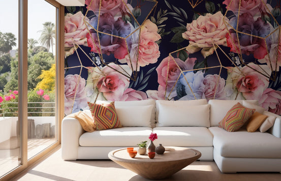 Opulent Blooms with Gold Lines wallpaper in a bright modern living room.