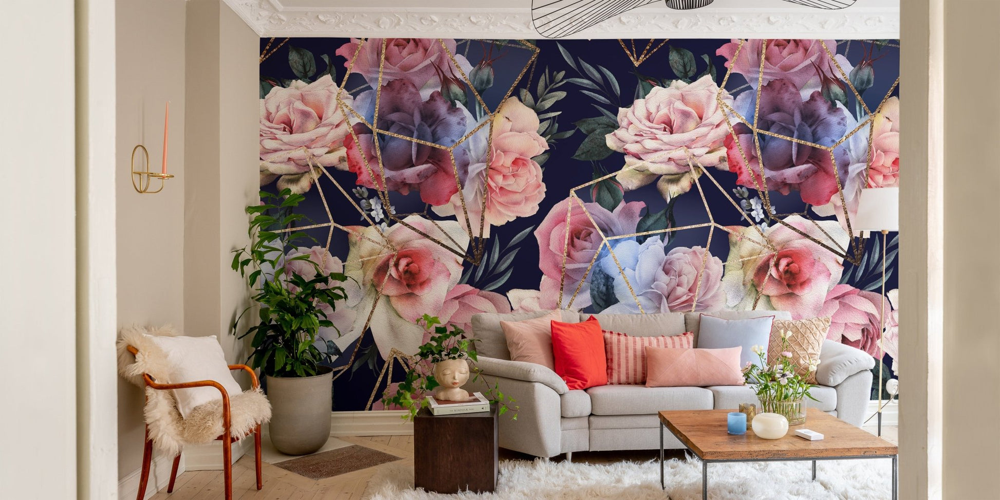Stylish home interior with a floral accent opulent wallpaper in sitting room.