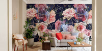 Stylish home interior with a floral accent opulent wallpaper in sitting room.