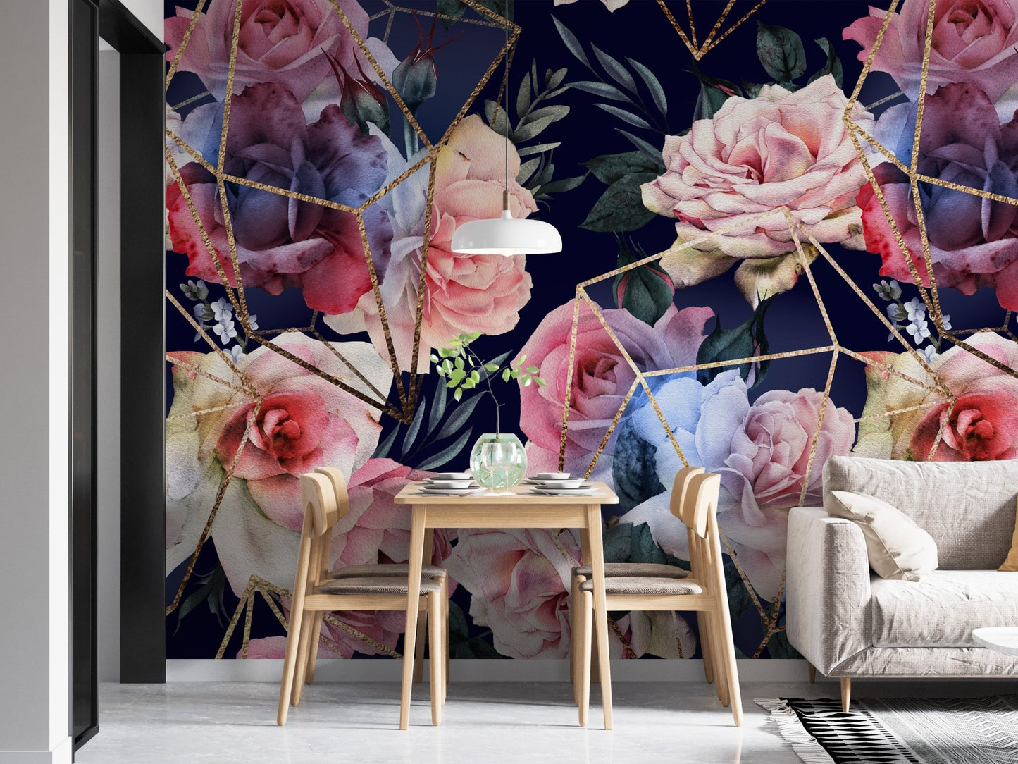 Dining area showcasing the dark floral wallpaper with geometric gold lines.