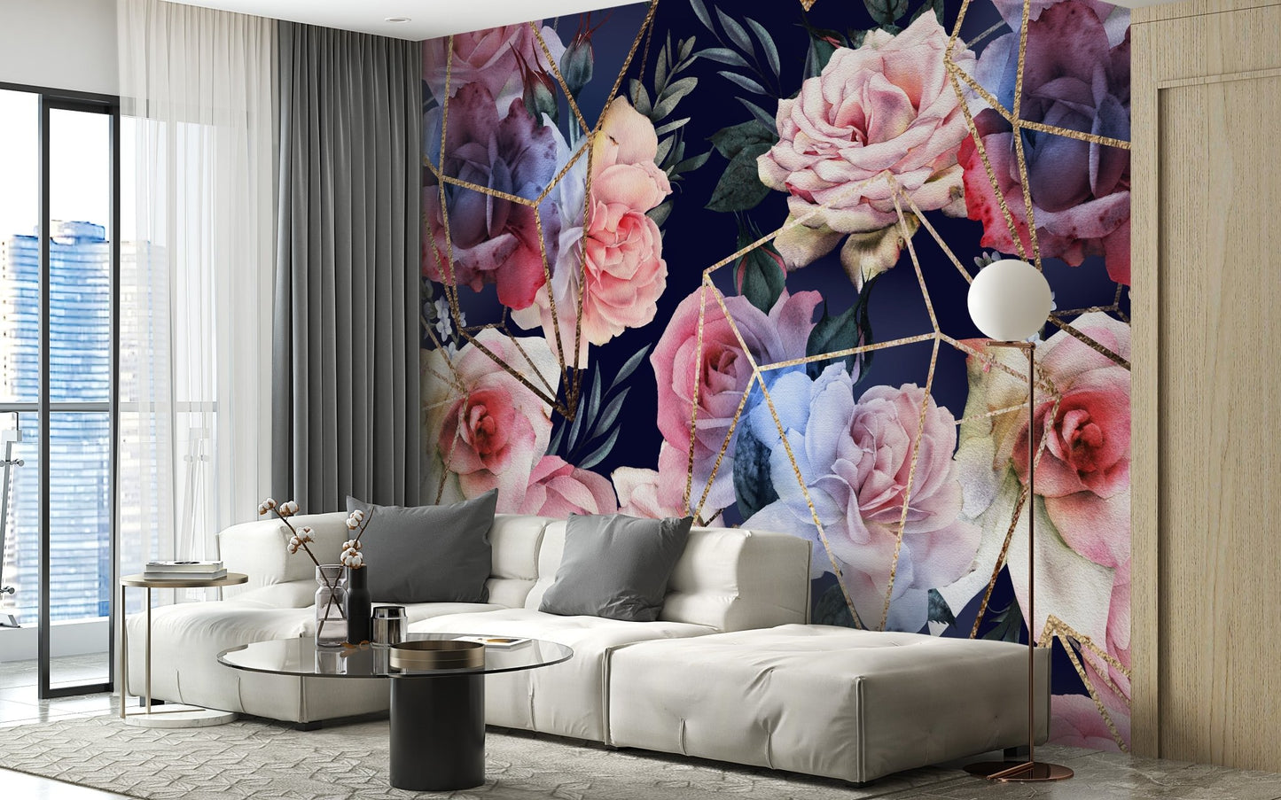 Bright living area featuring the Opulent Blooms with Gold Lines wallpaper.
