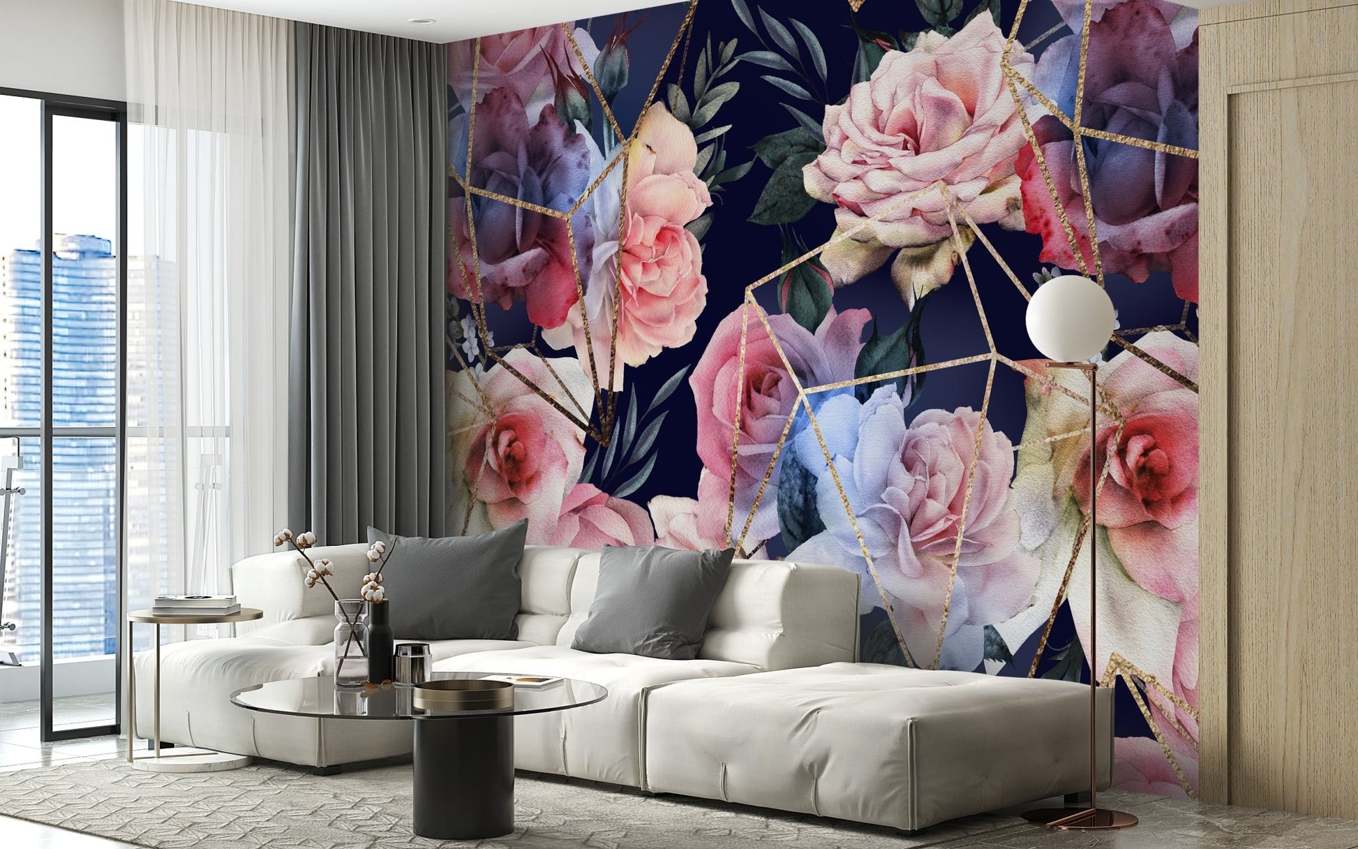 Bright living area featuring the Opulent Blooms with Gold Lines wallpaper.