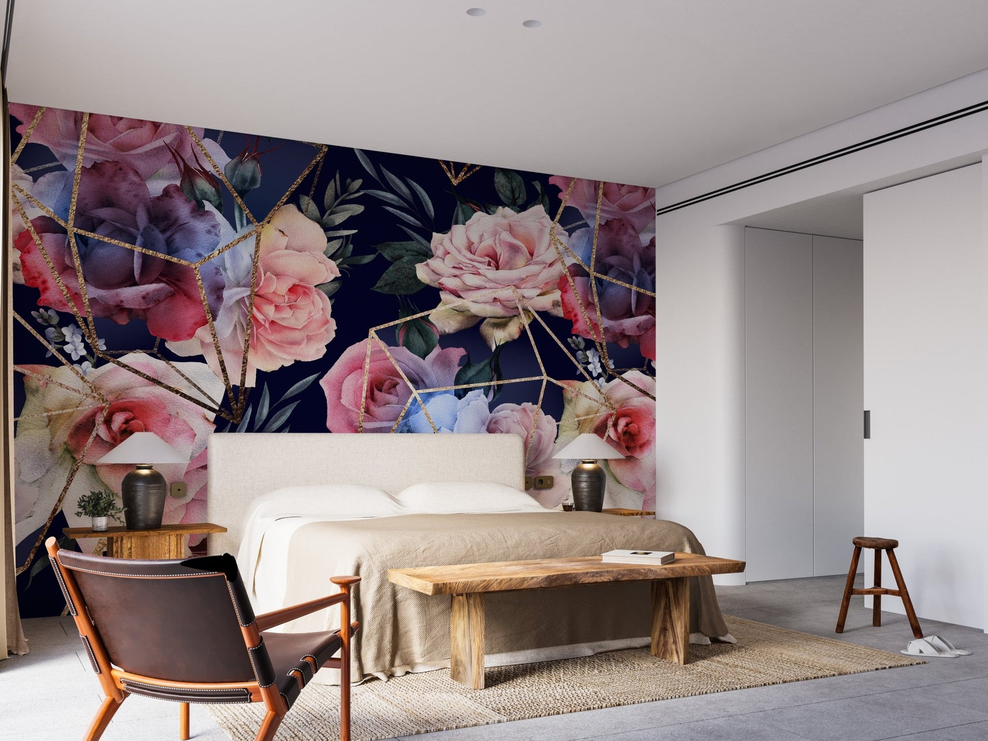 Modern bedroom design styled with a large scale blooms pattern wallpaper.