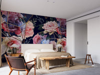 Modern bedroom design styled with a large scale blooms pattern wallpaper.