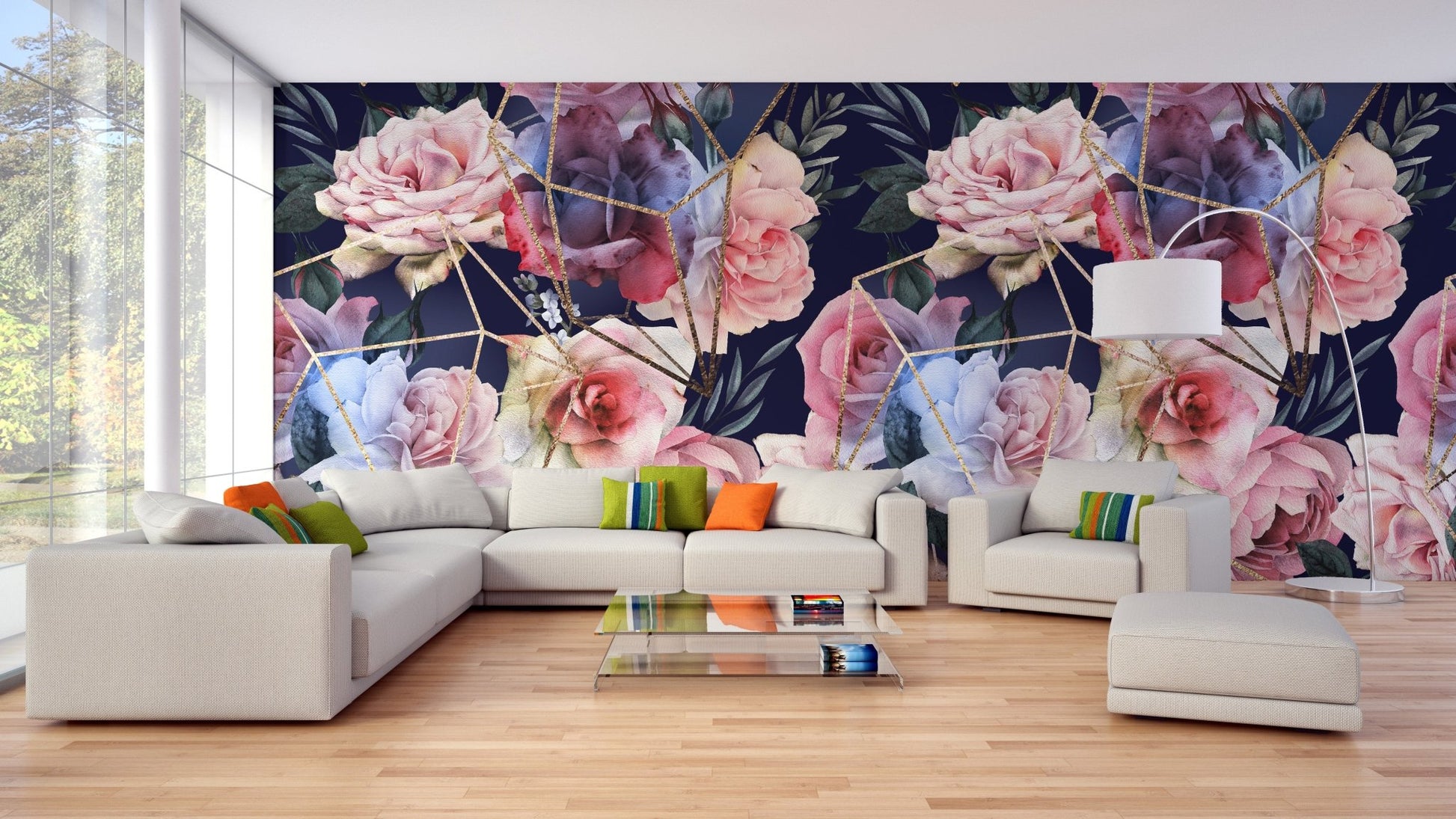 Living space with gold lines wallpaper and white sofa.