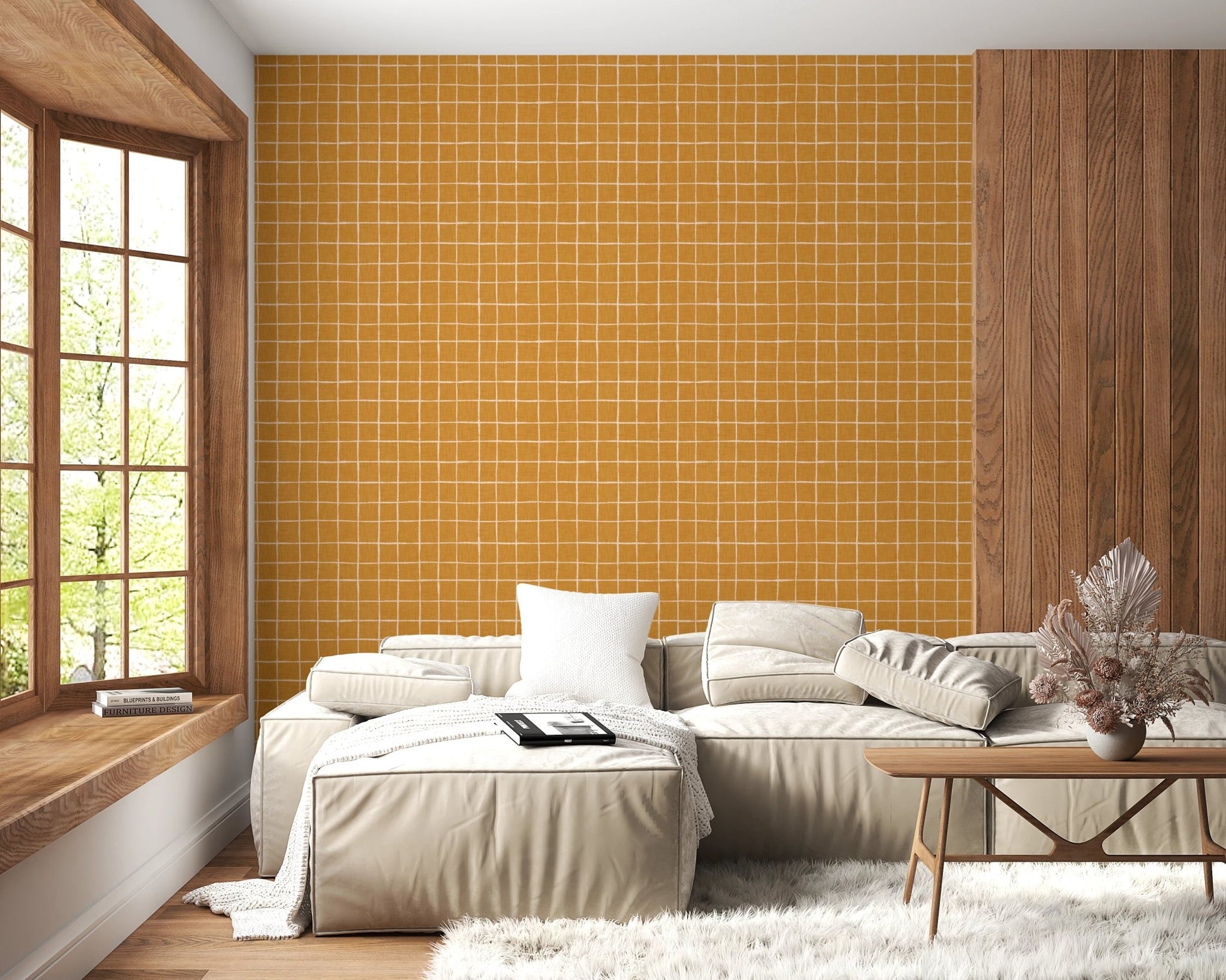 Soft woven grid look in orange wall murals