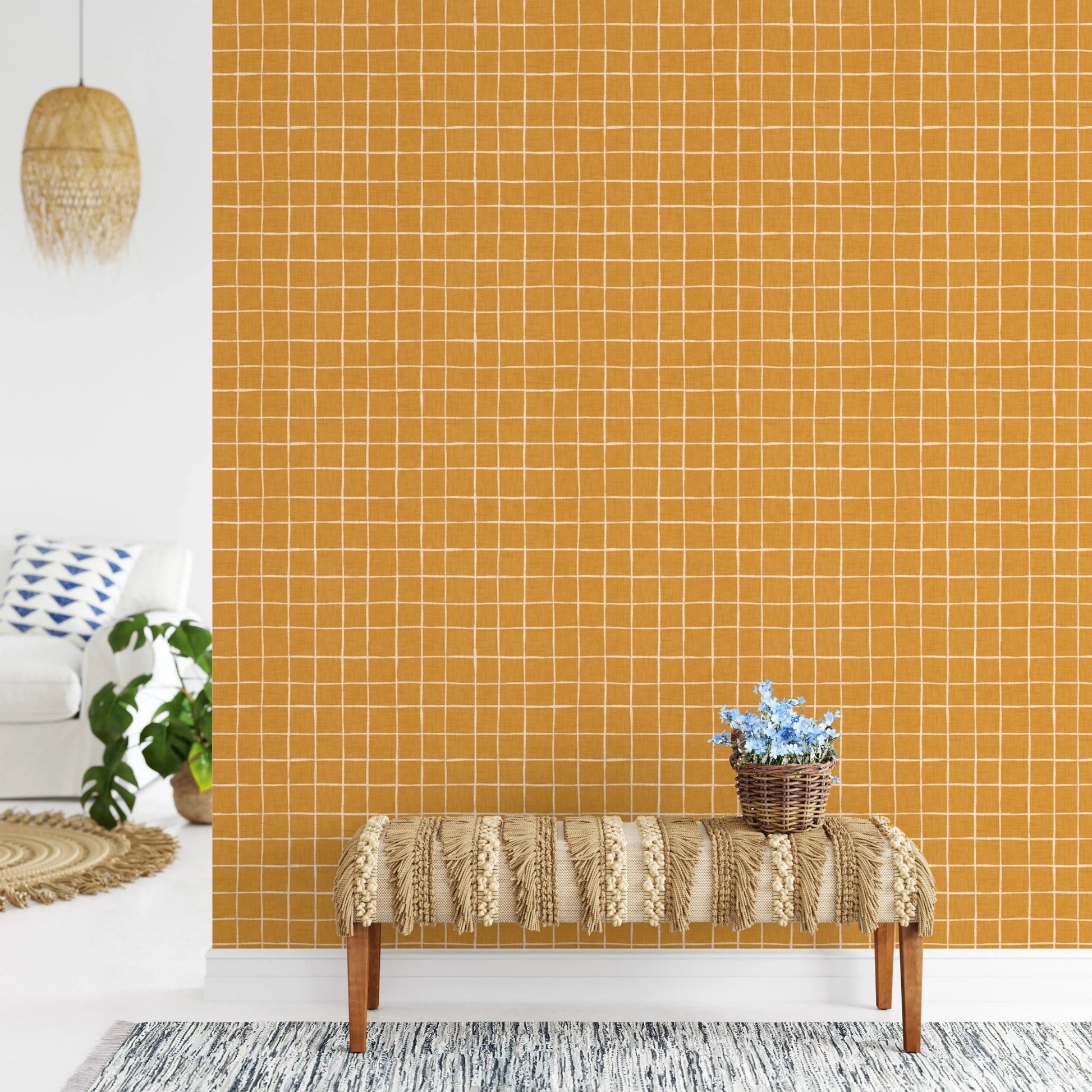 Minimal orange crosshatch for designer wallpaper murals