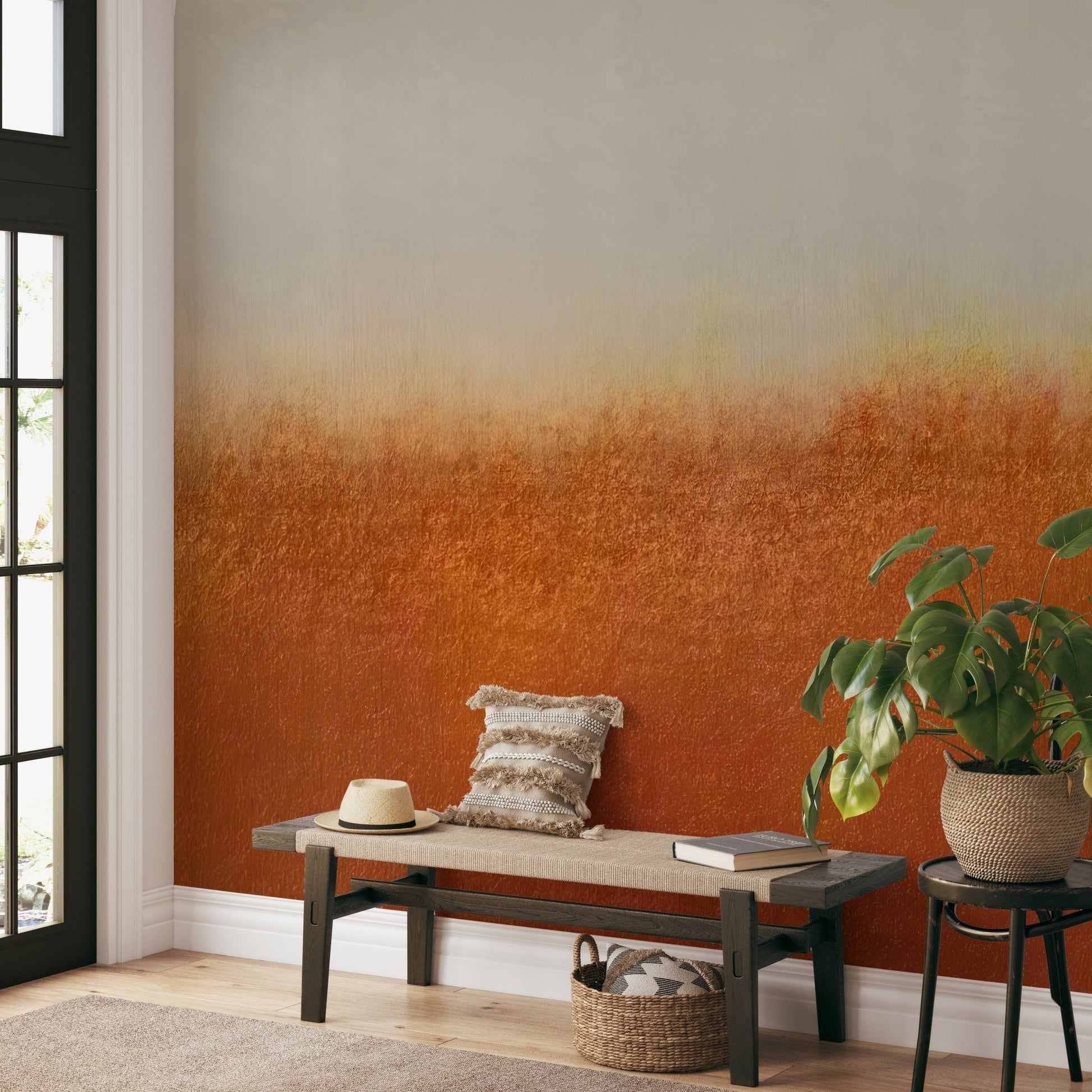 Orange Abstract Wall Mural in a rustic style for entryway area.