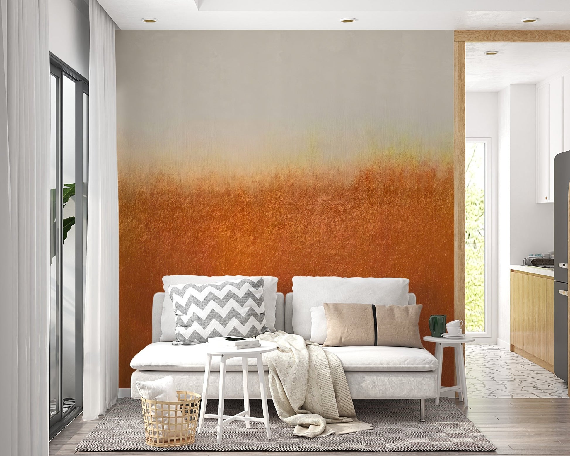 Earthy orange wall mural with a weathered texture for minimalist room.