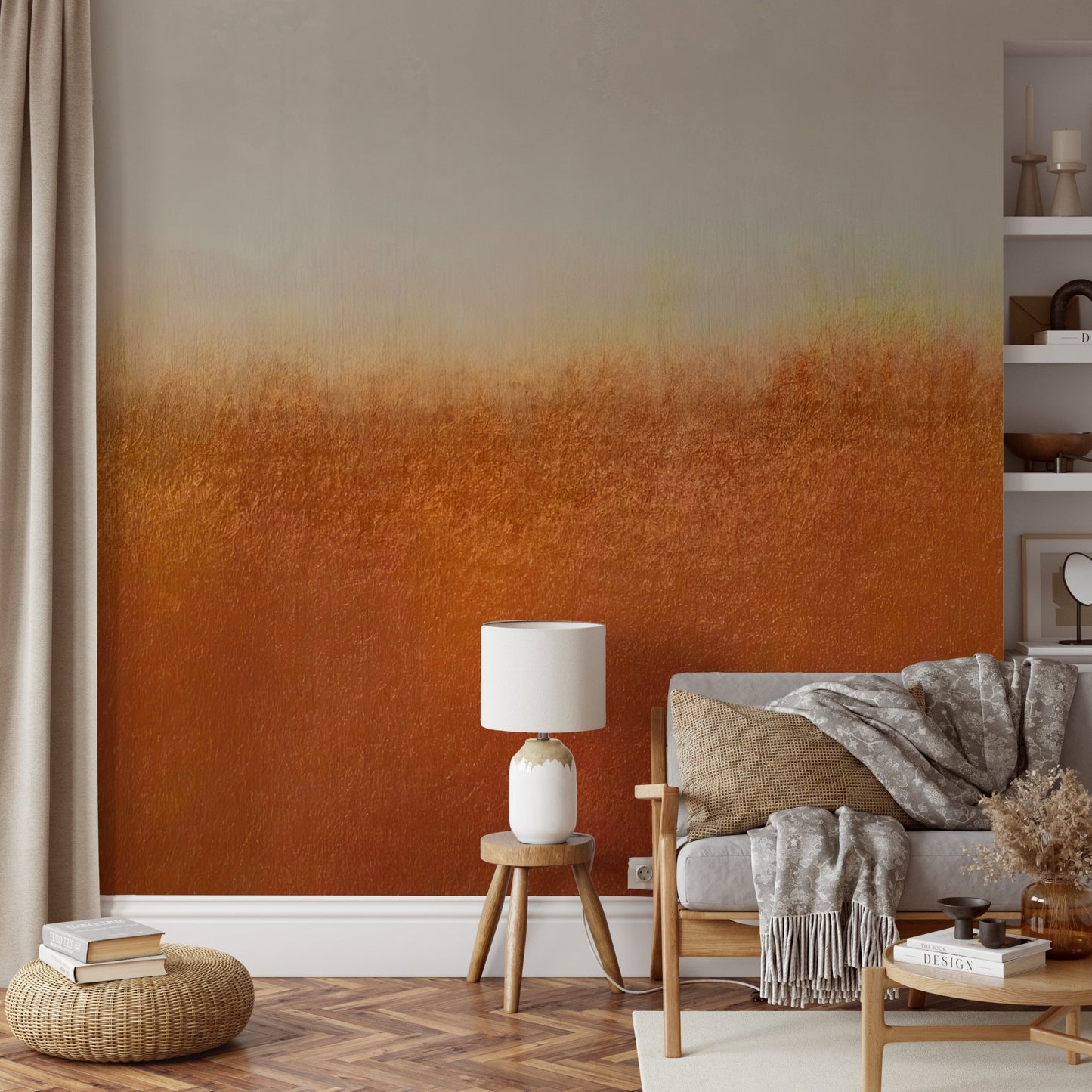 Abstract wall mural with earthy rust color and off-white background