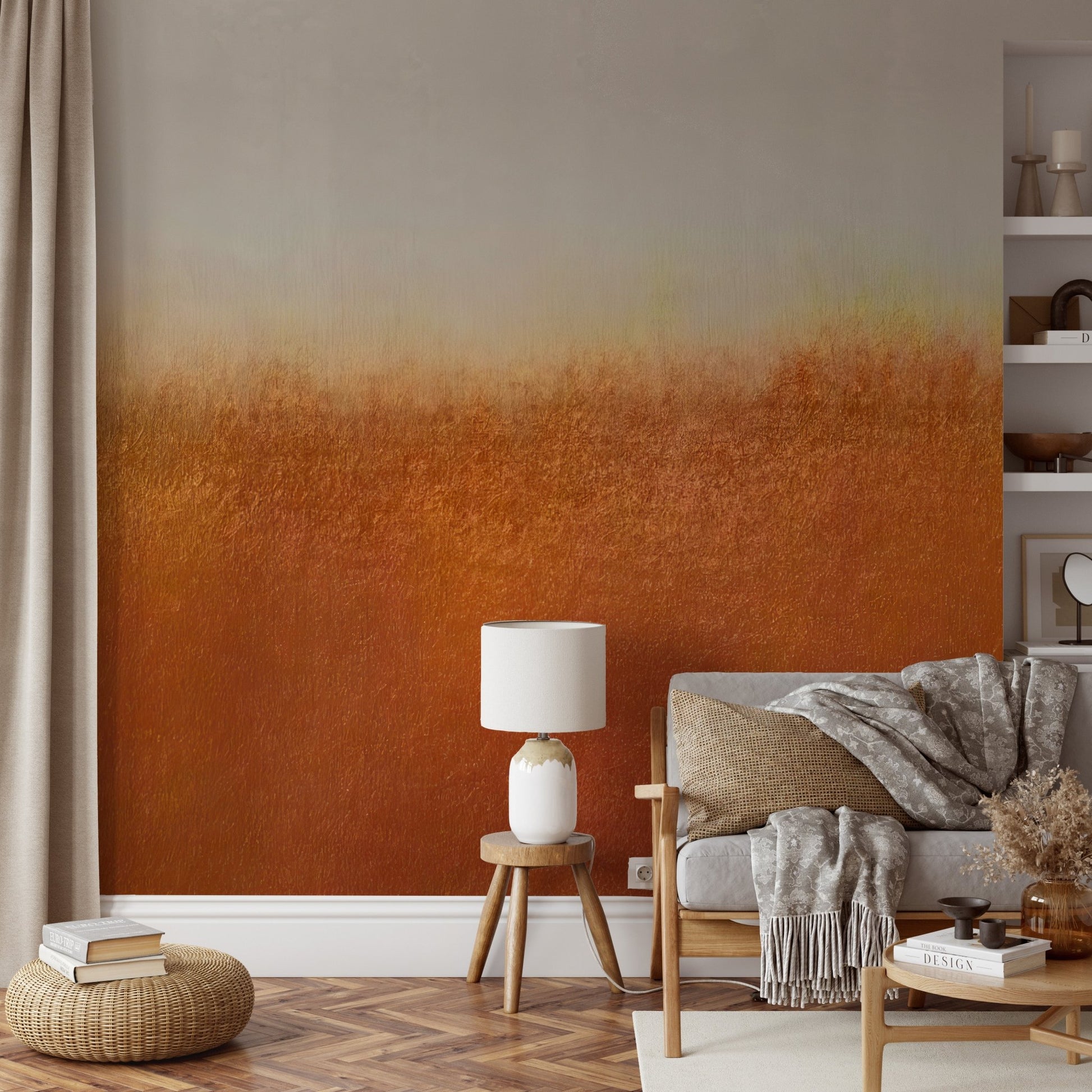 Abstract wall mural with earthy rust color and off-white background