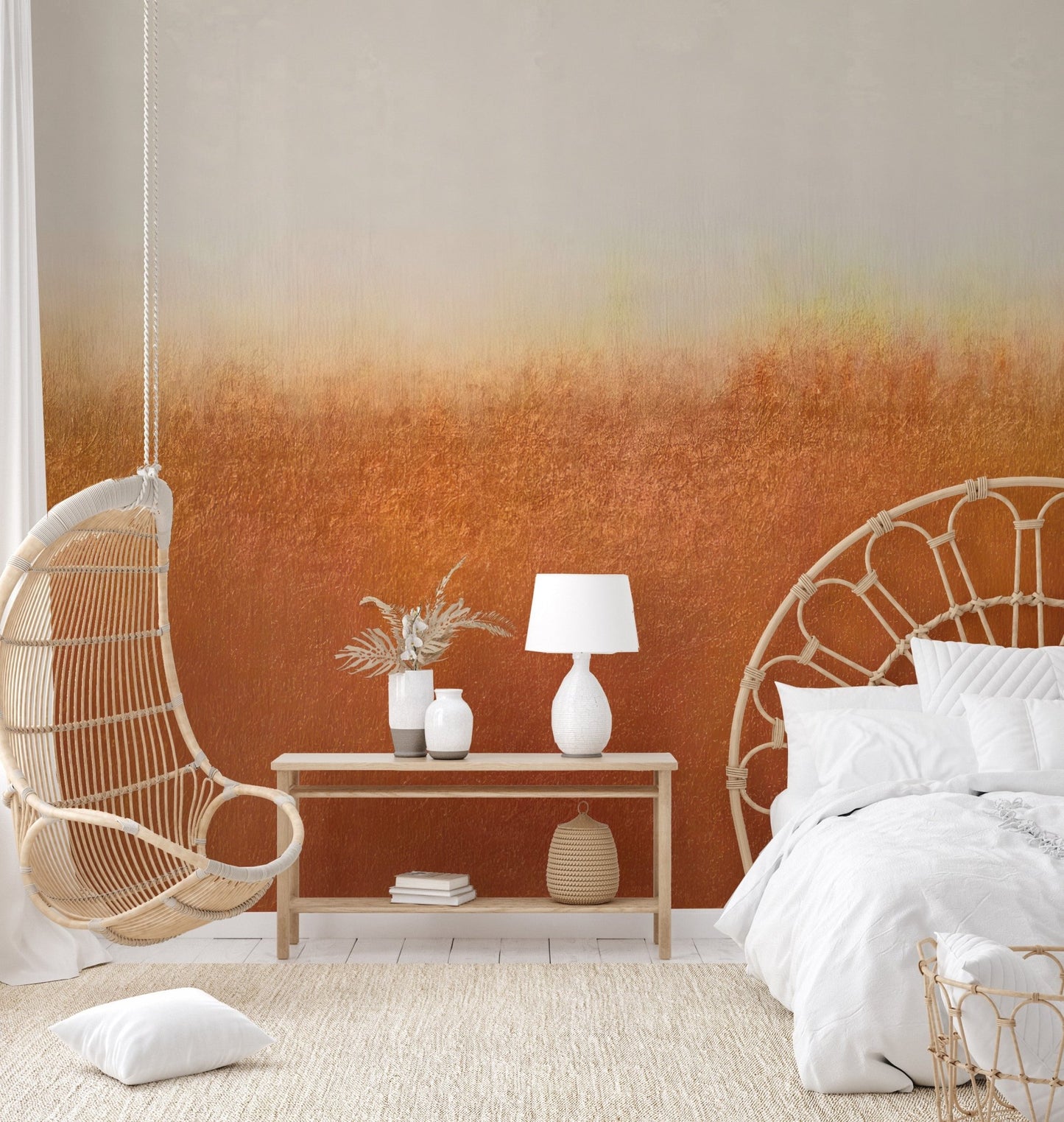 Faded rust and grey wall mural for a contemporary bedroom.