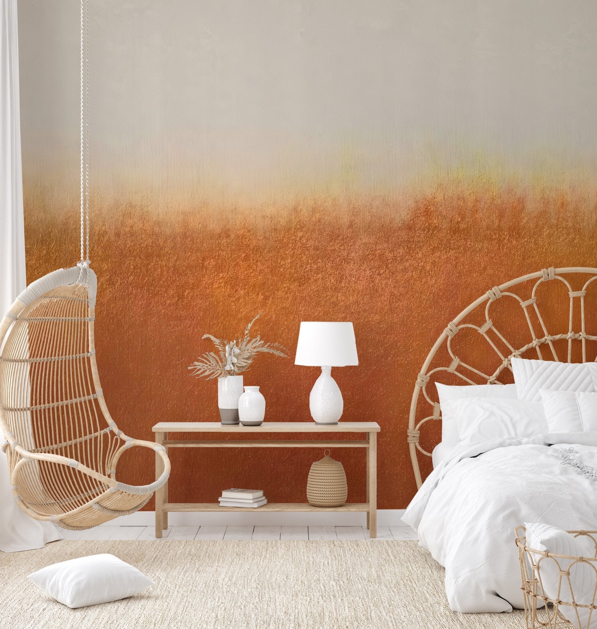 Faded rust and grey wall mural for a contemporary bedroom.