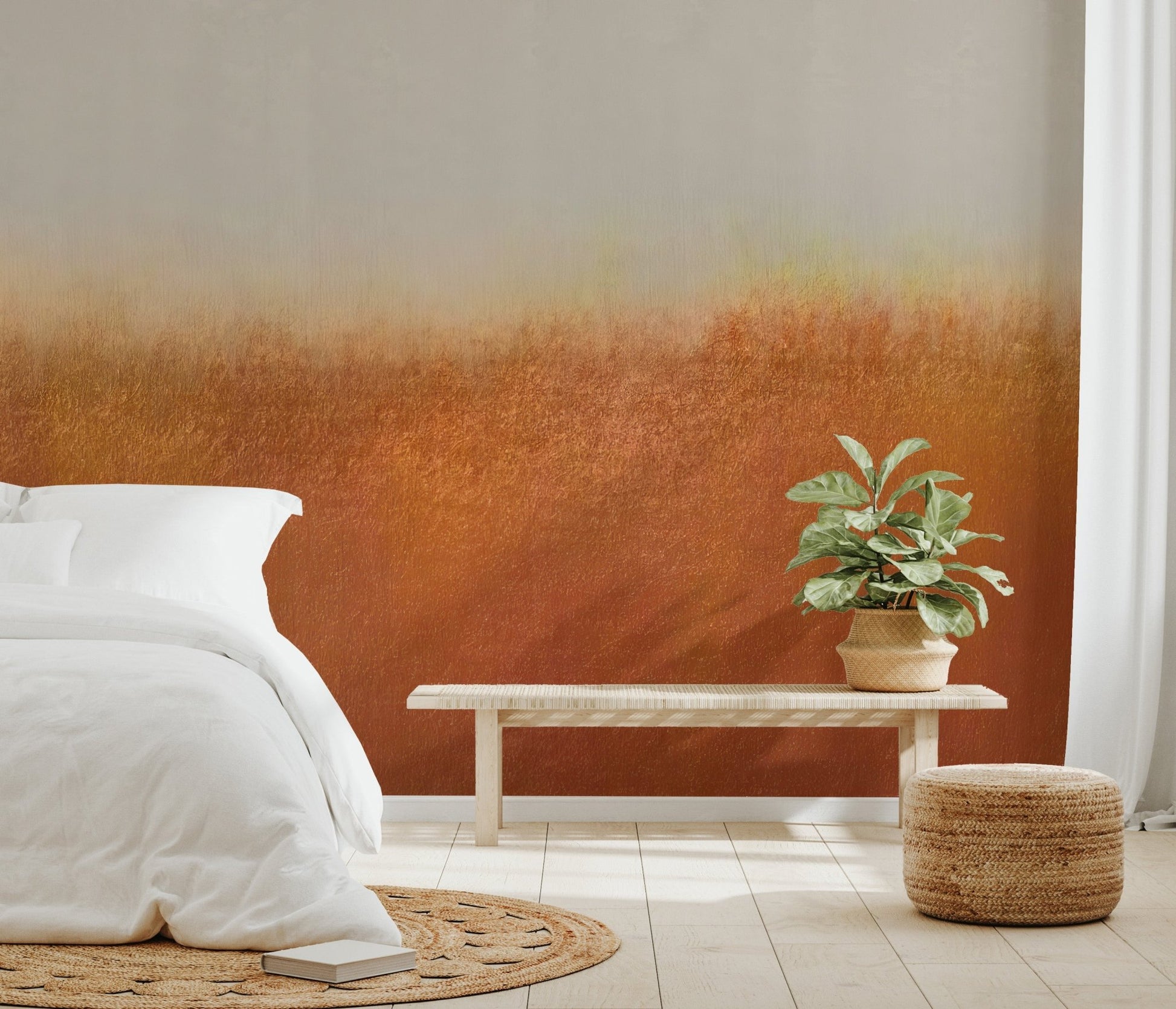 Burnt orange wall mural with a matte finish look for bright bedroom.