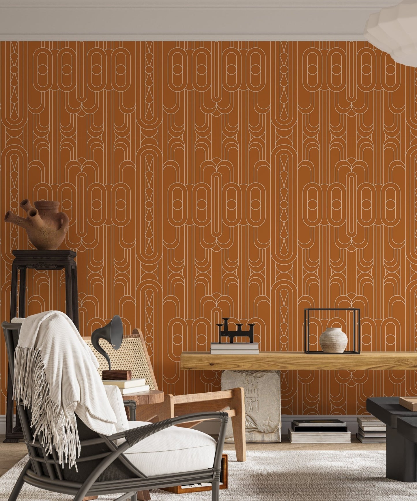 Art Deco orange wallpaper for walls in a living room with a wooden desk.