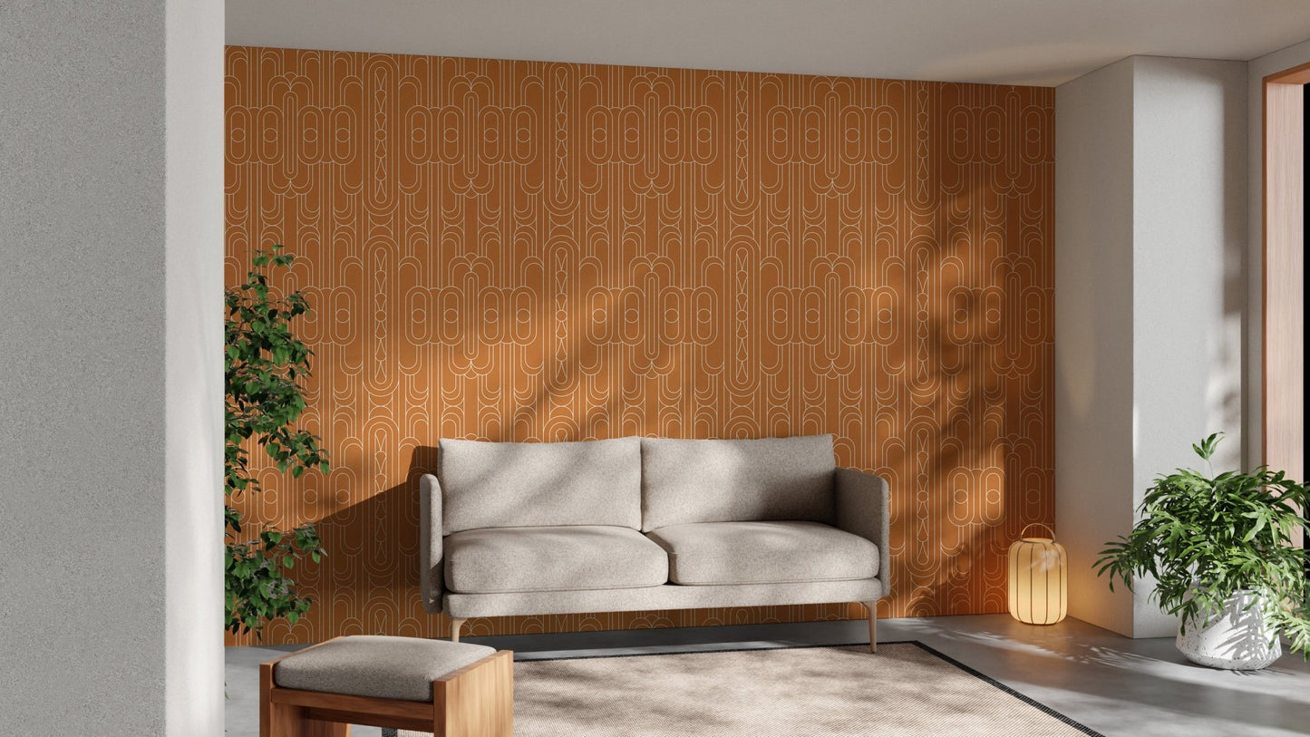 Art Deco style orange wallpaper featured in a spacious contemporary living area.