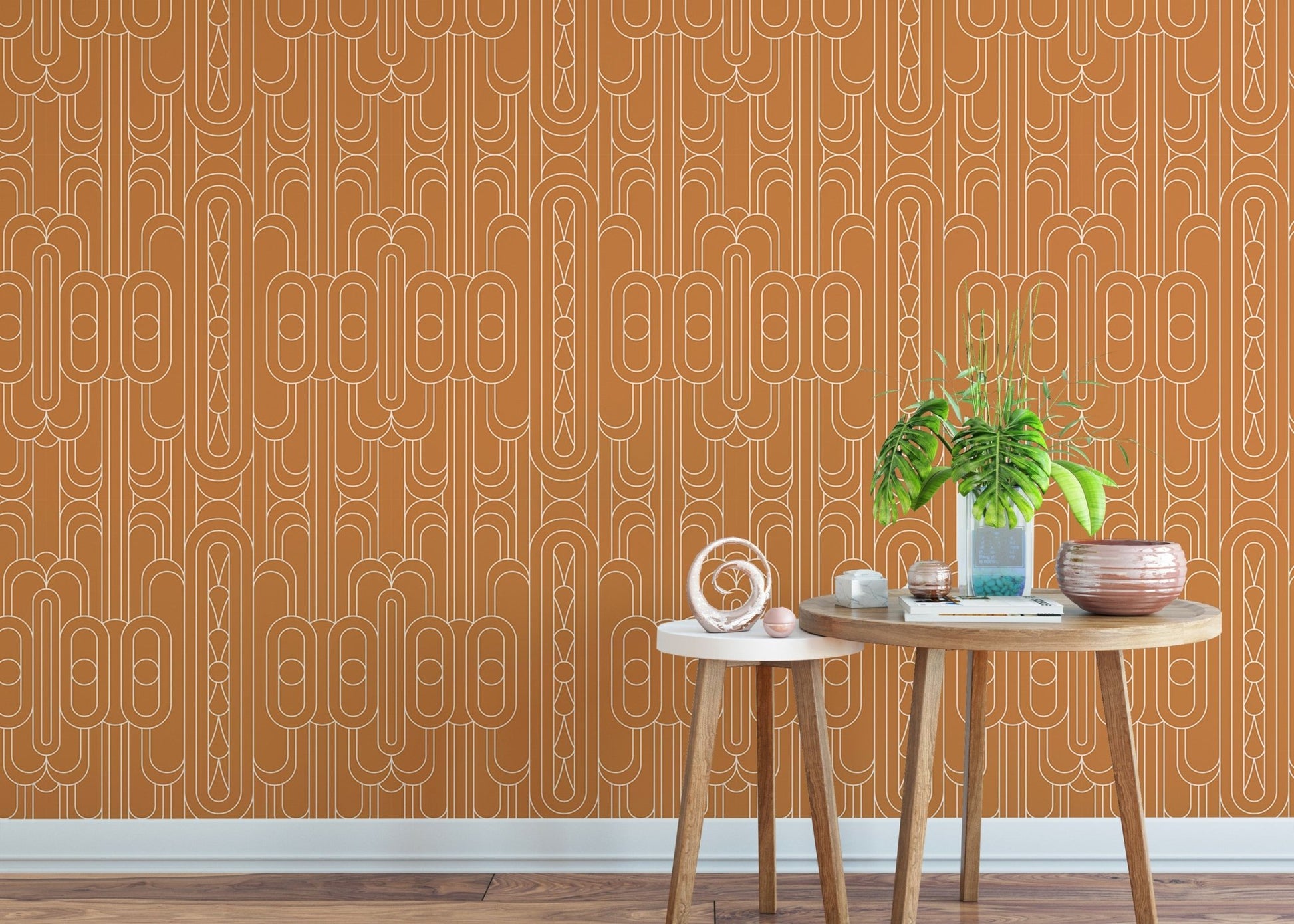 Orange Art Deco wallpaper with white linear patterns in a modern living room.