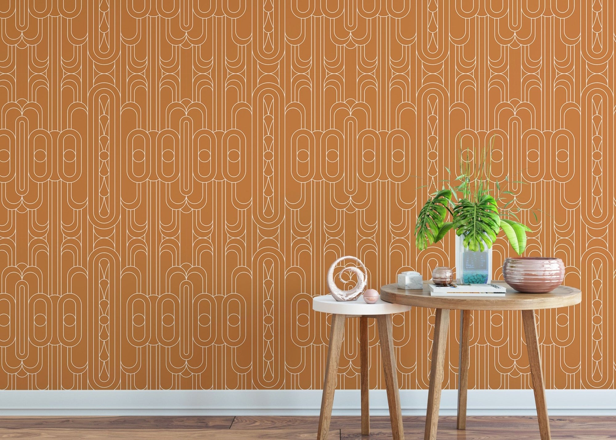 Orange Art Deco wallpaper with white linear patterns in a modern living room.