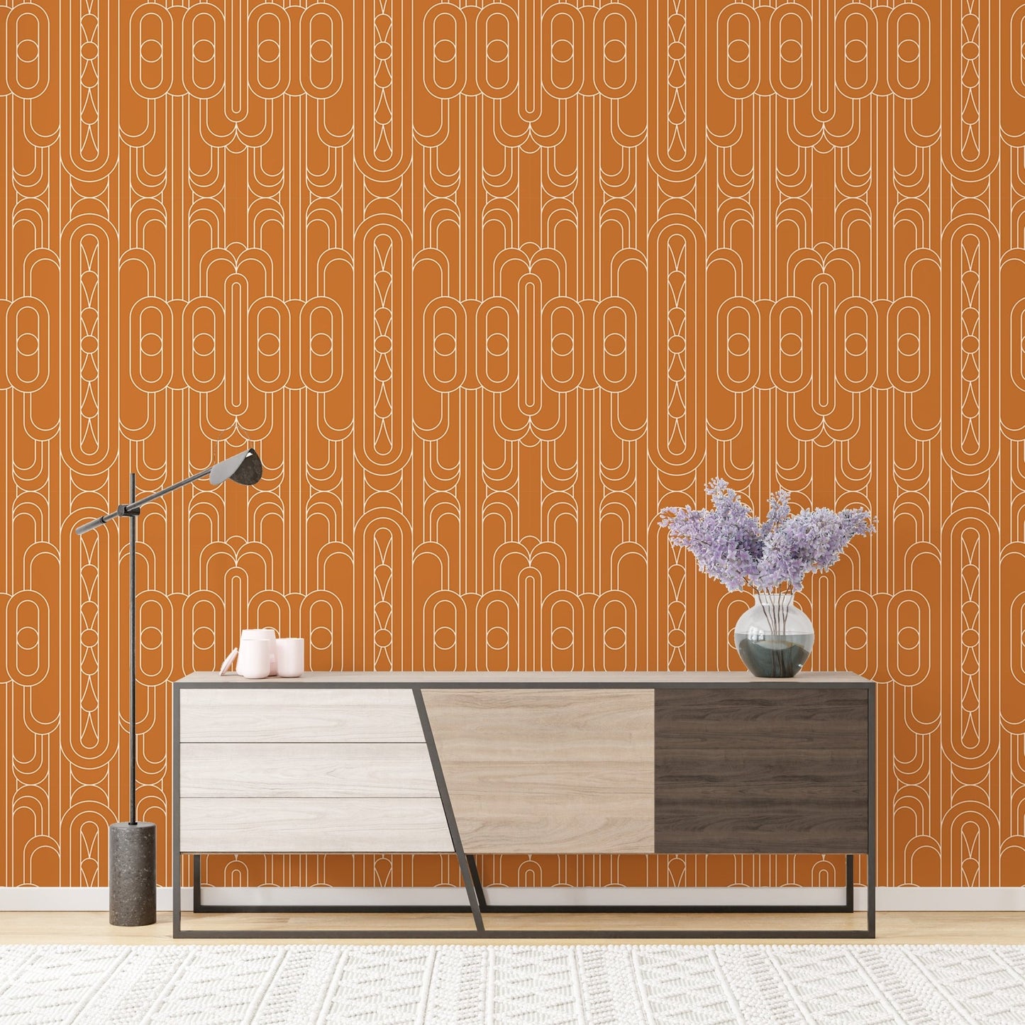 Orange Art Deco wallpaper for walls in a room with mid-century furniture.