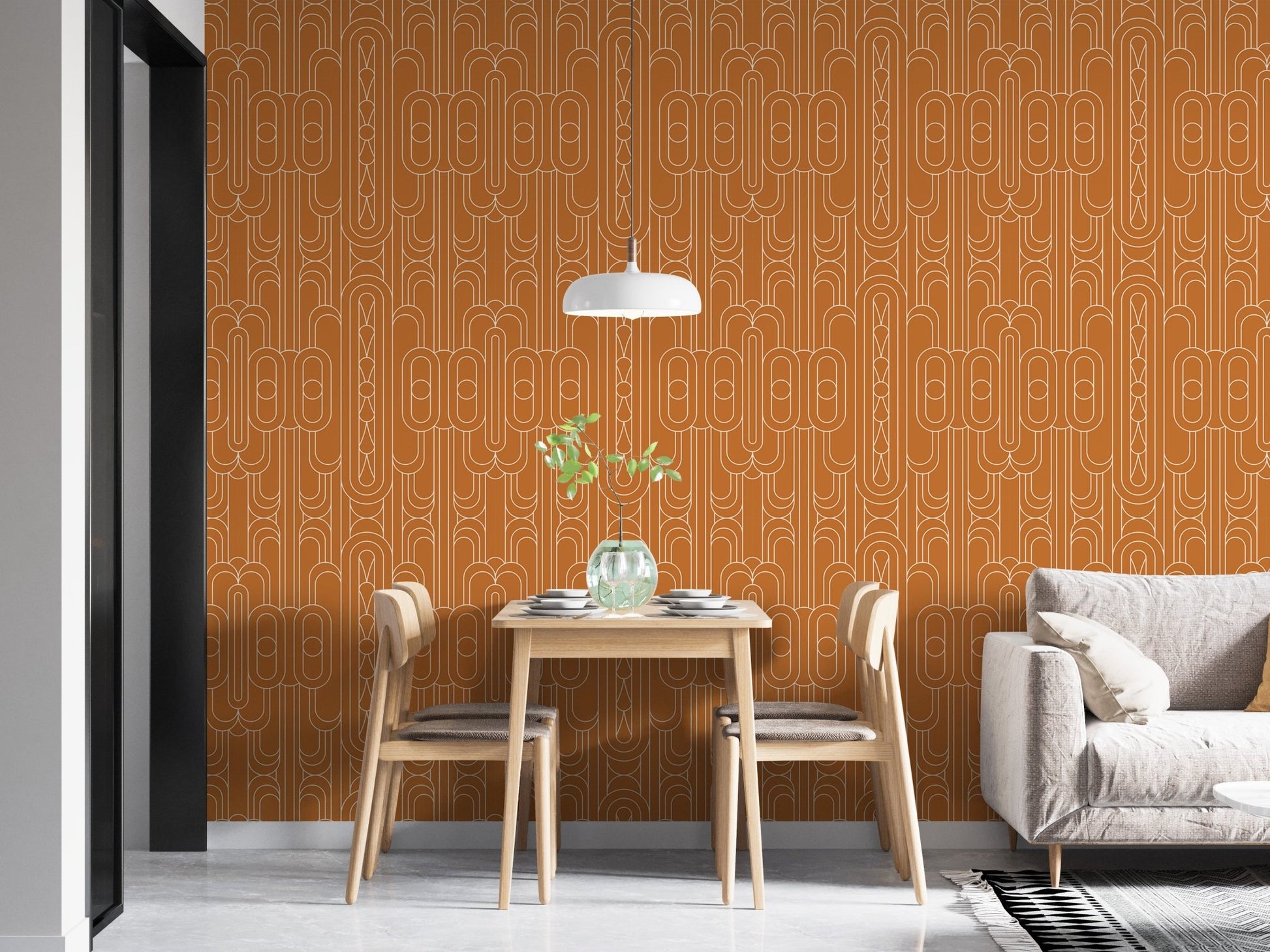 Orange and white linear wallpaper for walls in a minimalist dining area.