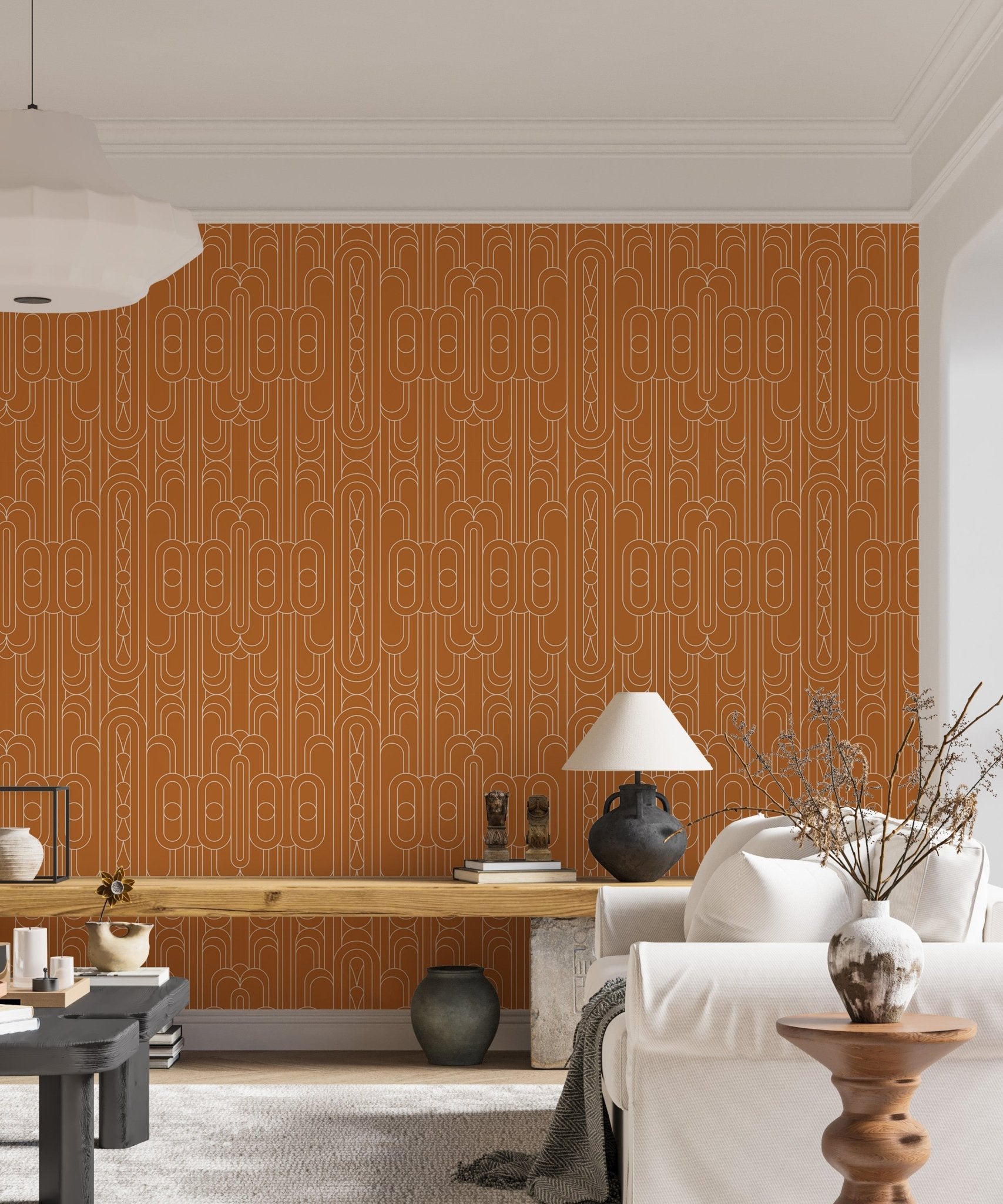 Minimalist orange pattern wallpaper in a bright living space with white decor.