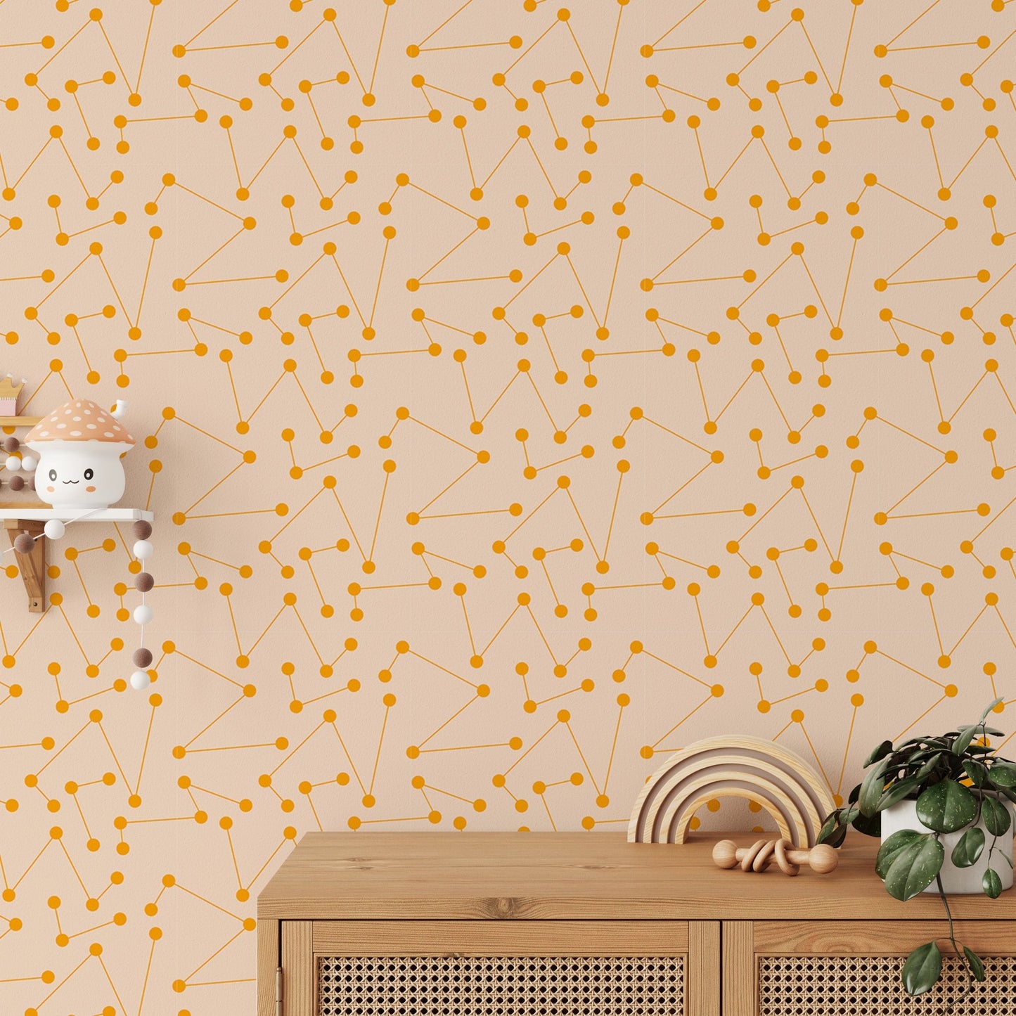 Geometric line art mural on a feature wall with indoor plants.