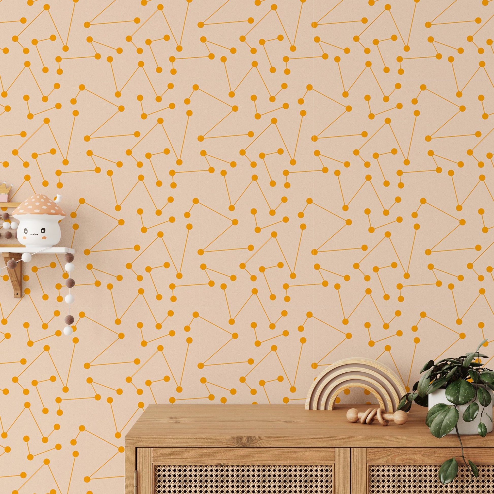 Geometric line art mural on a feature wall with indoor plants.