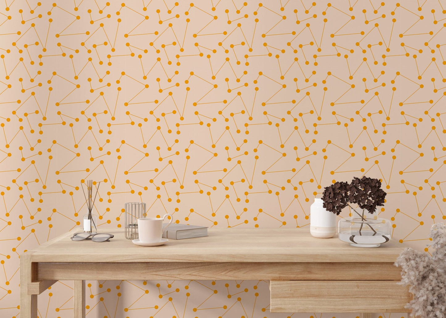 Orange color shooting star geometric wall mural in a study with white furniture.