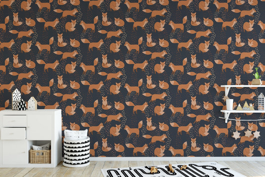 Orange Foxes Fun Removable Wallpaper in a nursery with a white dresser.