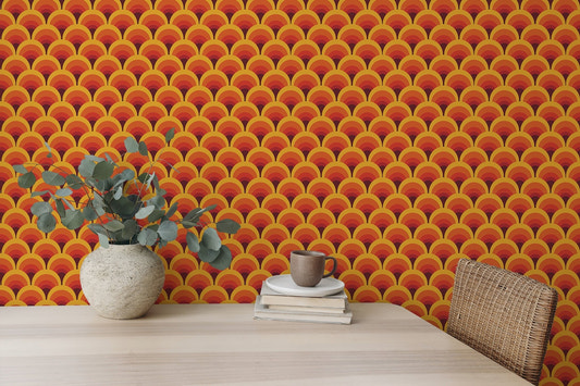 Orange geometric vintage seamless pattern mural on a study desk wall.