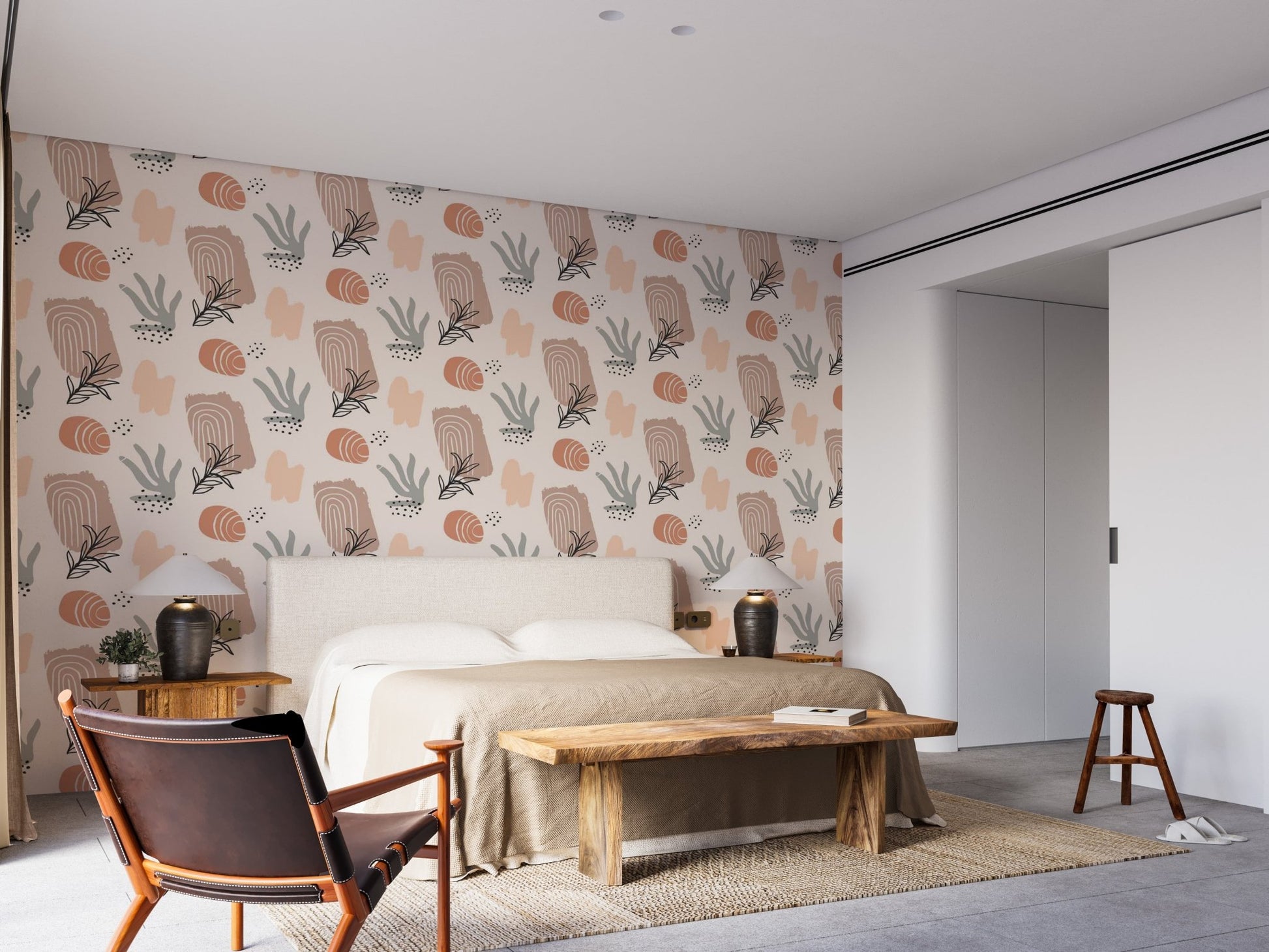 Modern organic watercolor wallpaper adding softness to bedroom walls.
