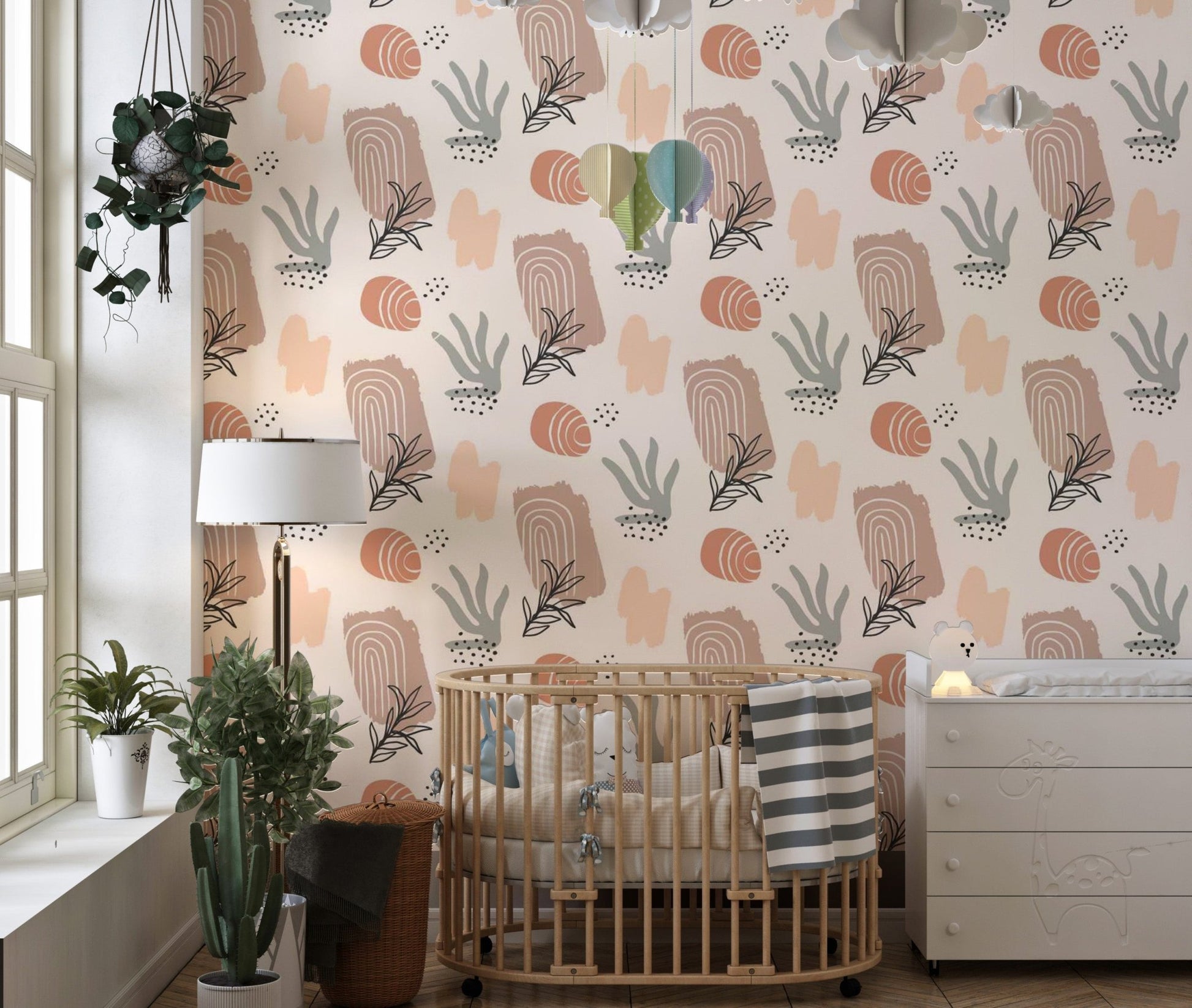 Serene organic watercolor wallpaper for sophisticated nursery wall decor.