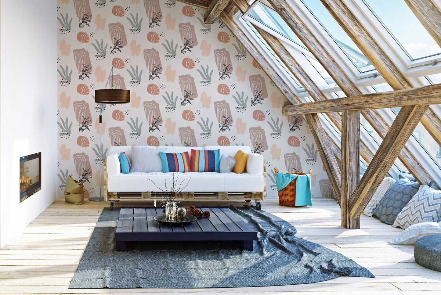 Organic vibes wallpaper with artistic watercolor aesthetics in attic living space.
