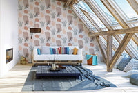 Organic vibes wallpaper with artistic watercolor aesthetics in attic living space.
