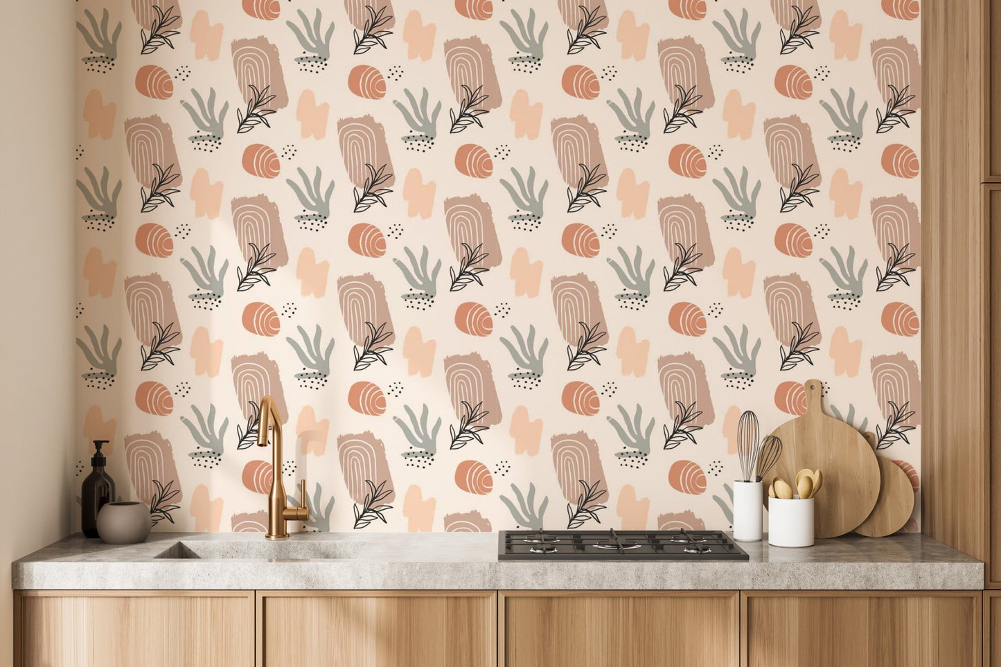 Organic watercolor wallpaper creating a calming and modern ambiance in kitchen

