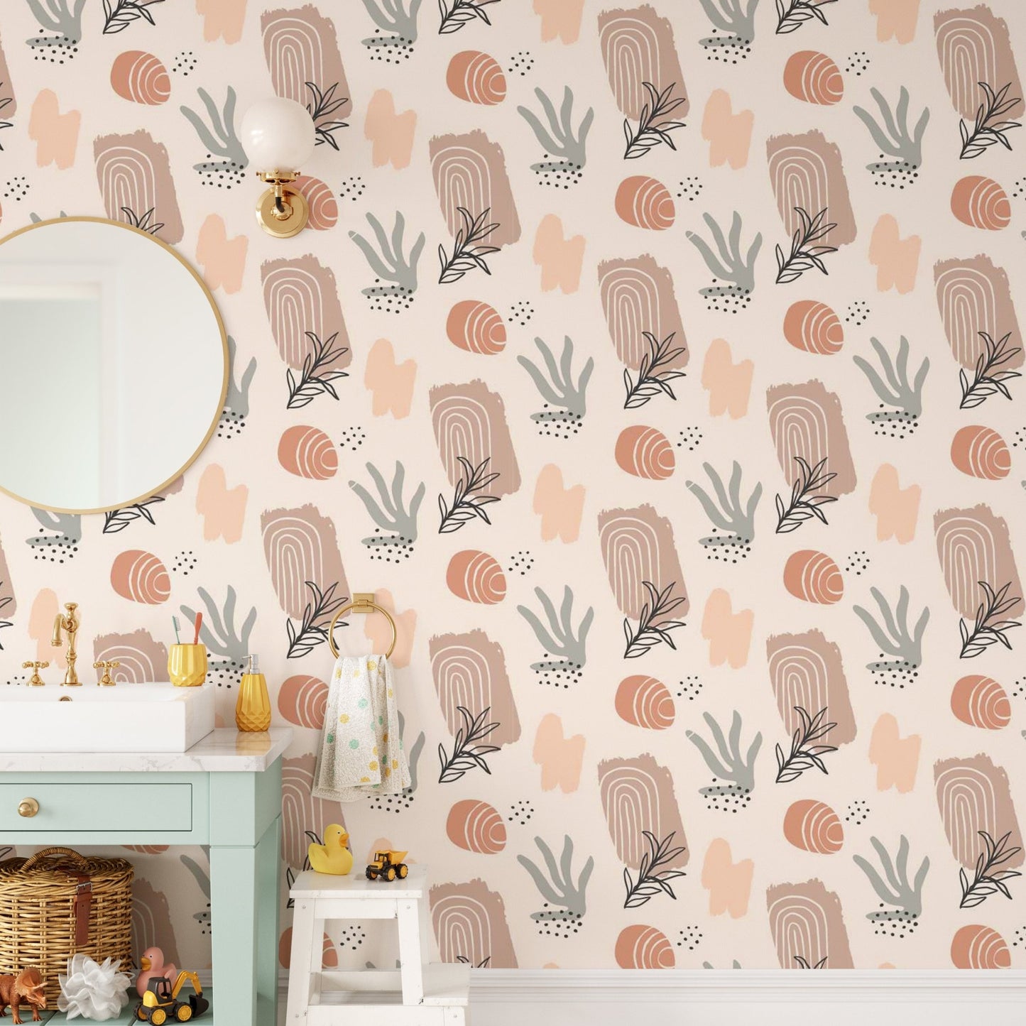Elegant wallpaper with flowing organic watercolor patterns in bathroom vanity.
