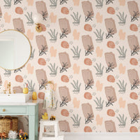 Elegant wallpaper with flowing organic watercolor patterns in bathroom vanity.
