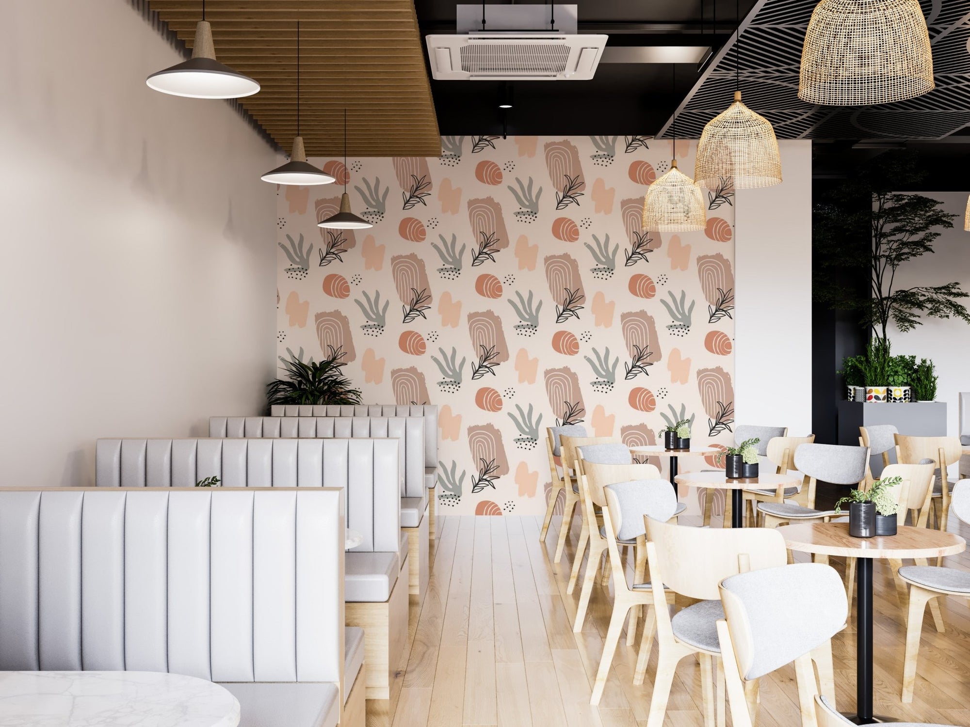 Soft organic watercolor wallpaper for tranquil dining room wall decor.
