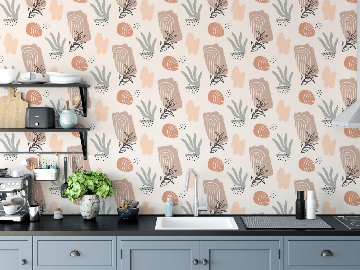Organic watercolor vibes wallpaper for stylish and serene kitchen interiors.
