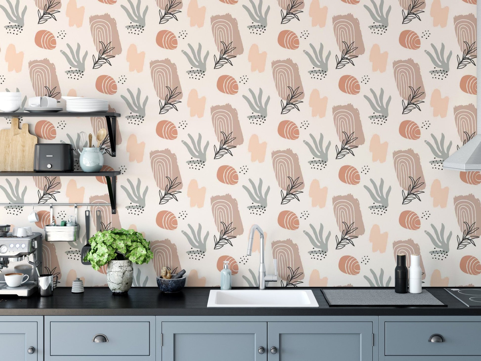 Organic watercolor vibes wallpaper for stylish and serene kitchen interiors.
