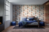 Abstract wallpaper featuring natural and organic watercolor designs in bedroom.
