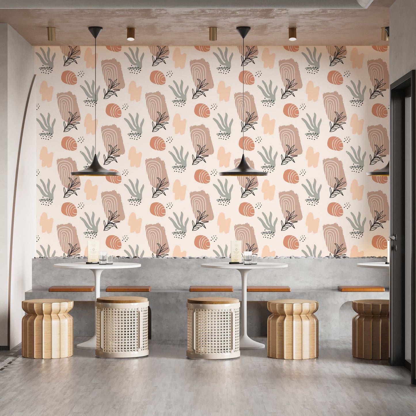 Artistic wallpaper featuring organic watercolor vibes and fluid designs in cafe area.
