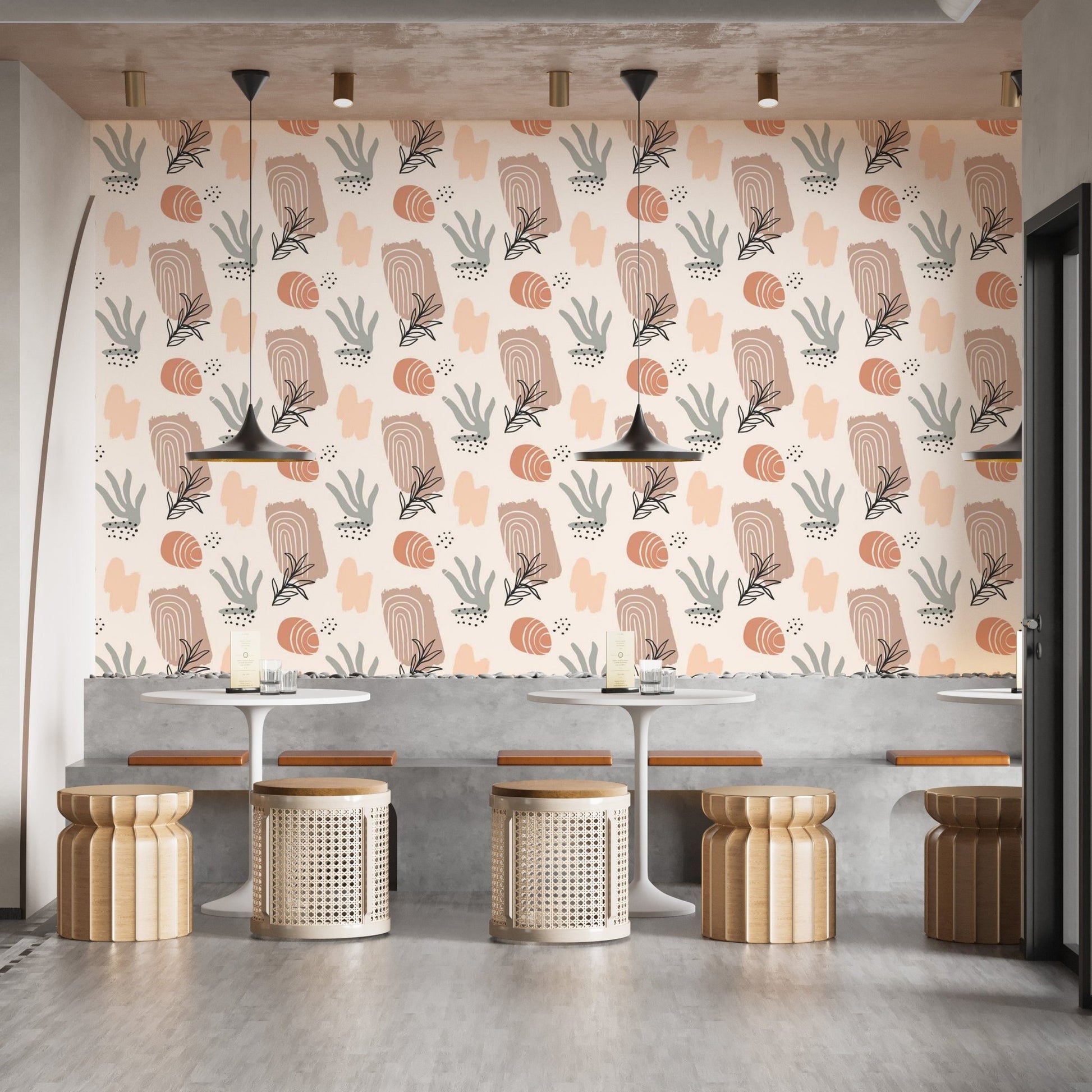Artistic wallpaper featuring organic watercolor vibes and fluid designs in cafe area.
