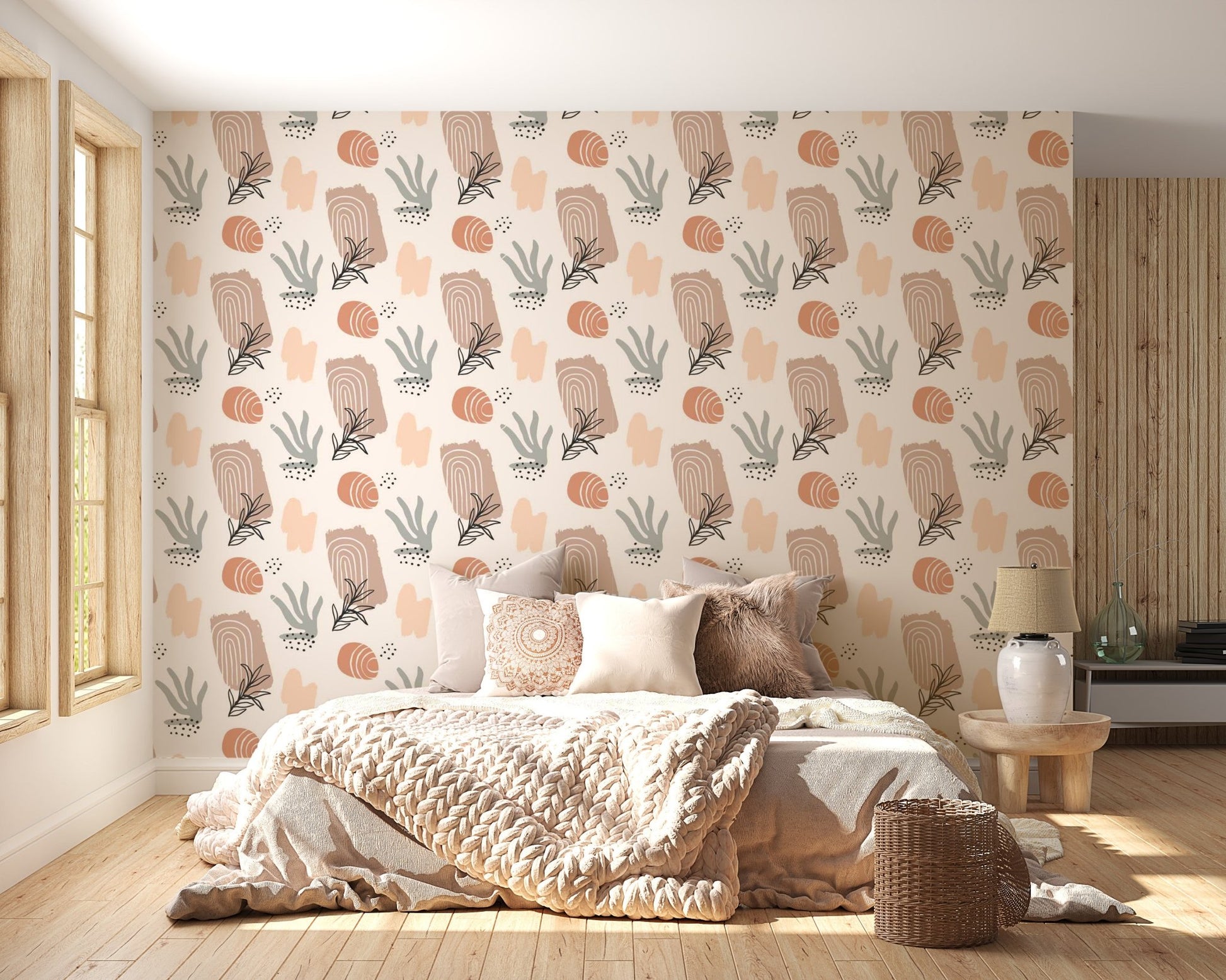 Dreamy wallpaper showcasing organic forms in watercolor tones for bedroom.
