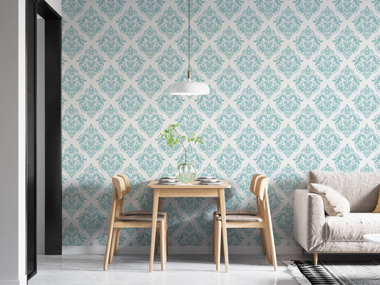Elegant blue and white oriental wallpaper design for dining room.