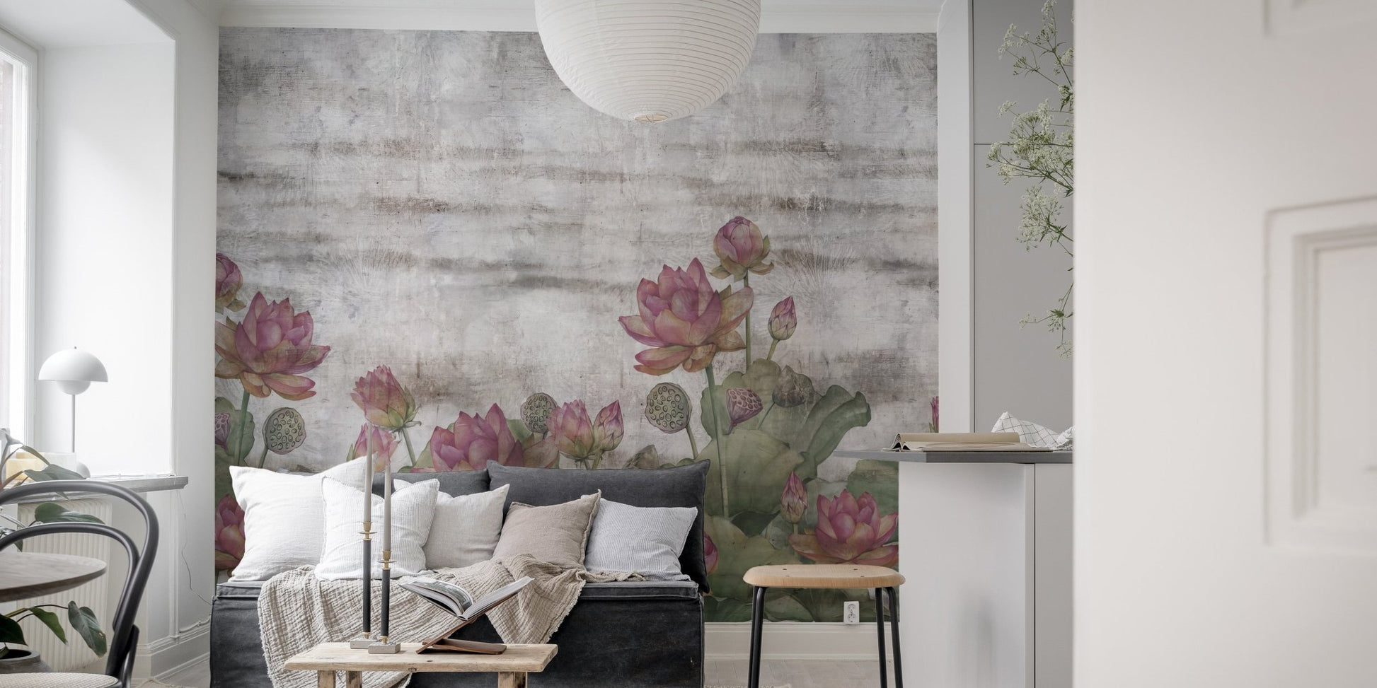 Artistic lotus flower wallpaper mural with subtle shading.