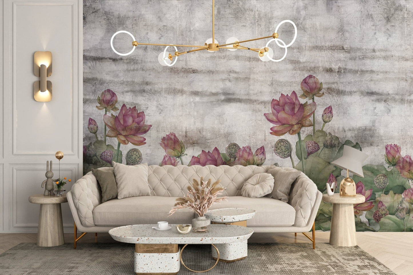 Decorative lotus blossom wall mural in calm palette.