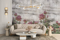 Decorative lotus blossom wall mural in calm palette.