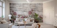 Pink lotus pond wall mural with textured backdrop.