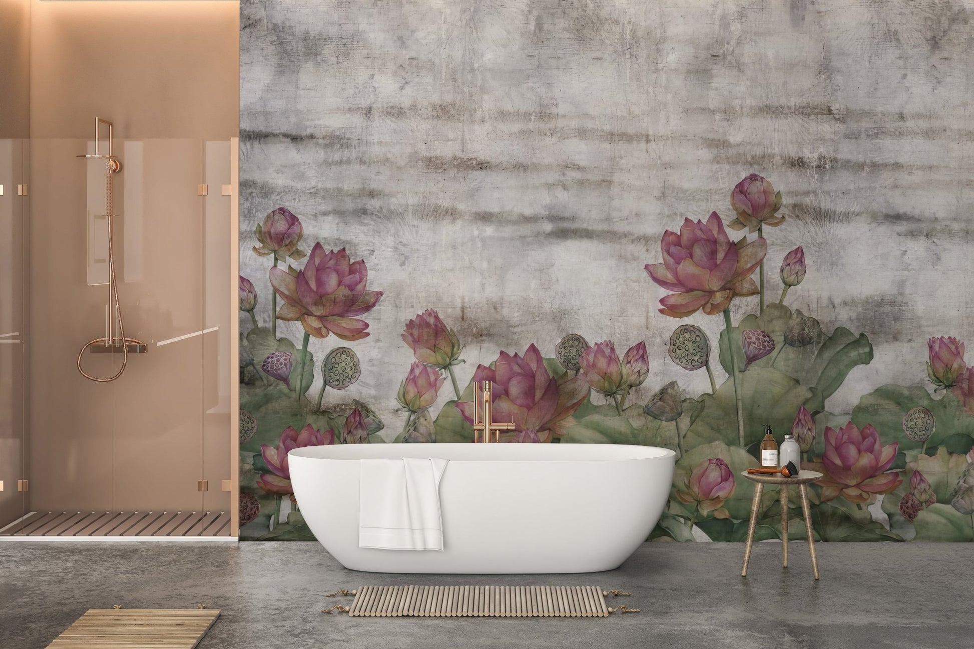 Botanical lotus wall mural in earthy color tones.